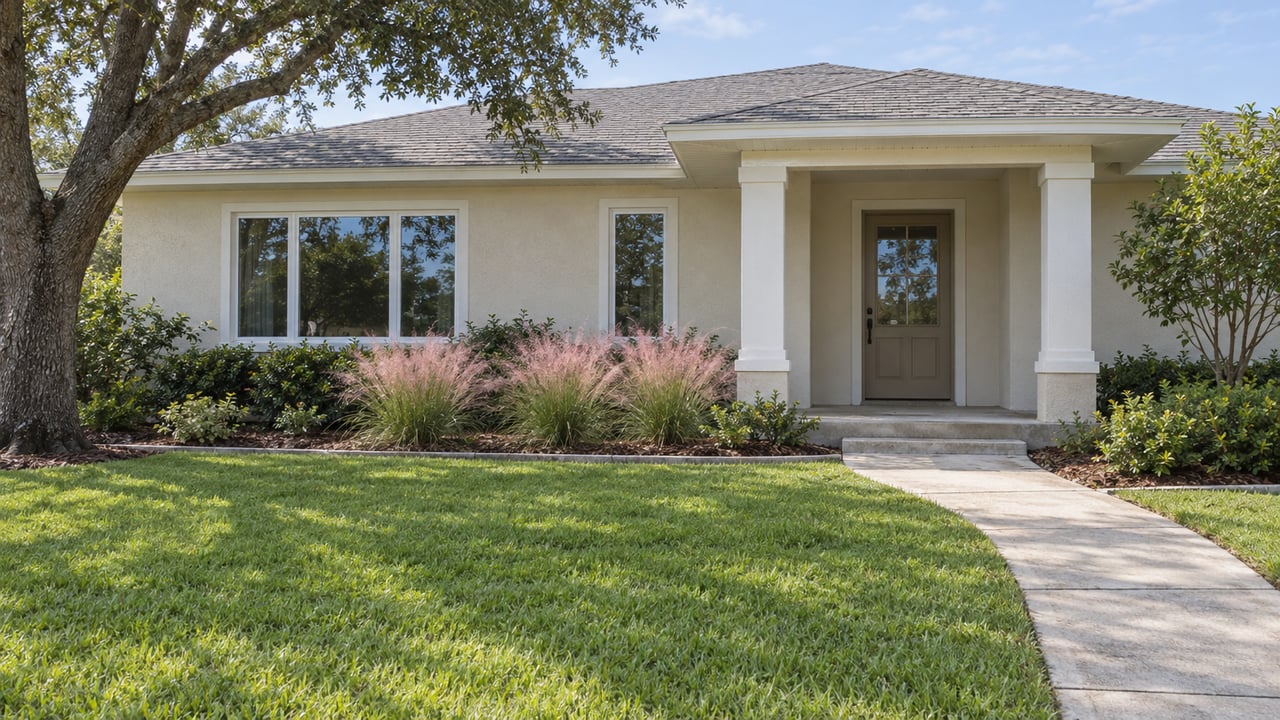 An ivory stucco home with a deep green front lawn, pale concrete approach, white porch columns, and pink flowering muhly grass beneath a spreading live oak.