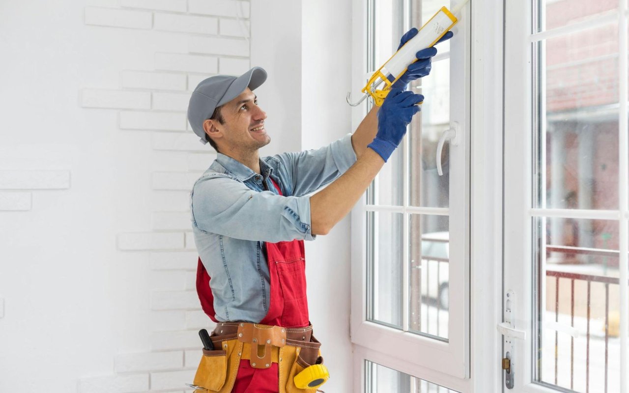 A male worker, possibly a glazier or a handyman, is shown smiling while applying sealant to a white-framed window.