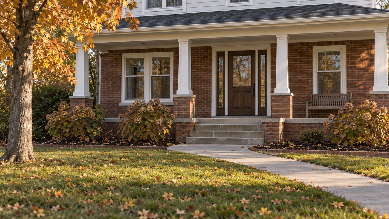 Autumn light across a brick-and-white-clapboard home, covered front porch and deep lawn with a curved walk.