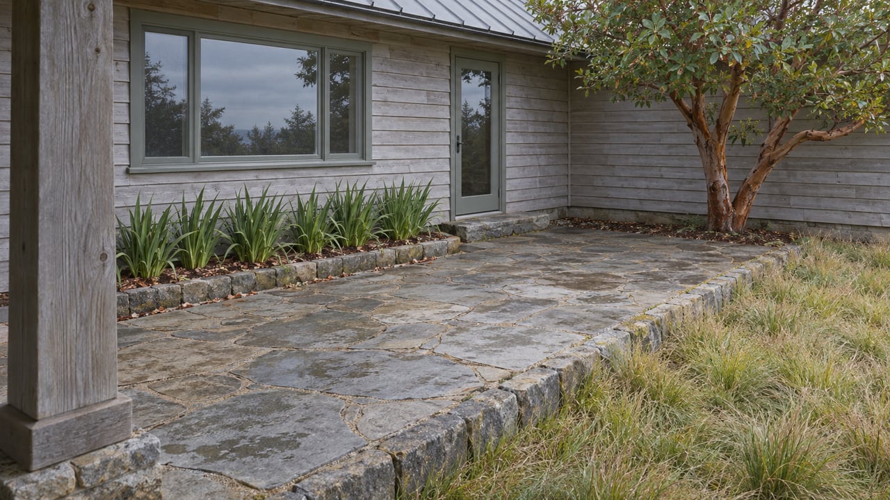 Weathered cedar home with closed glazed doors, a gray sandstone terrace, madrone tree and native iris planting beside a tawny meadow.