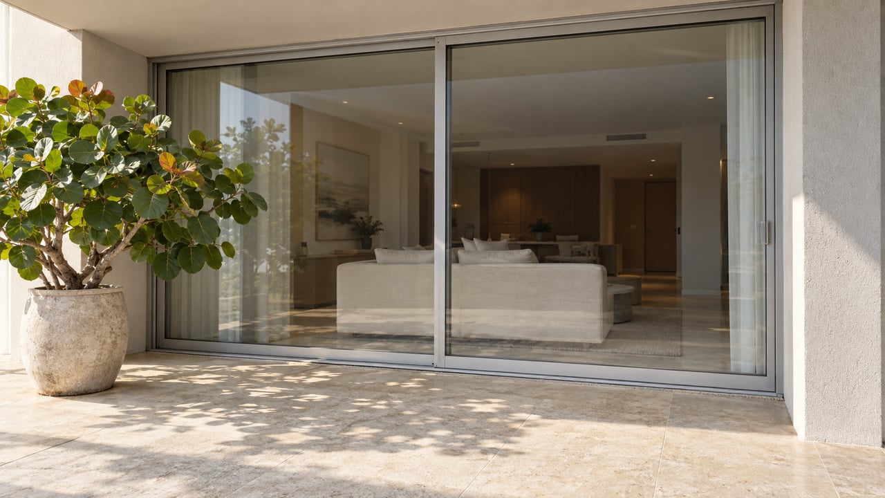 Sunlit limestone balcony with a potted sea grape tree beside closed sliding glass doors and a pale living room beyond.
