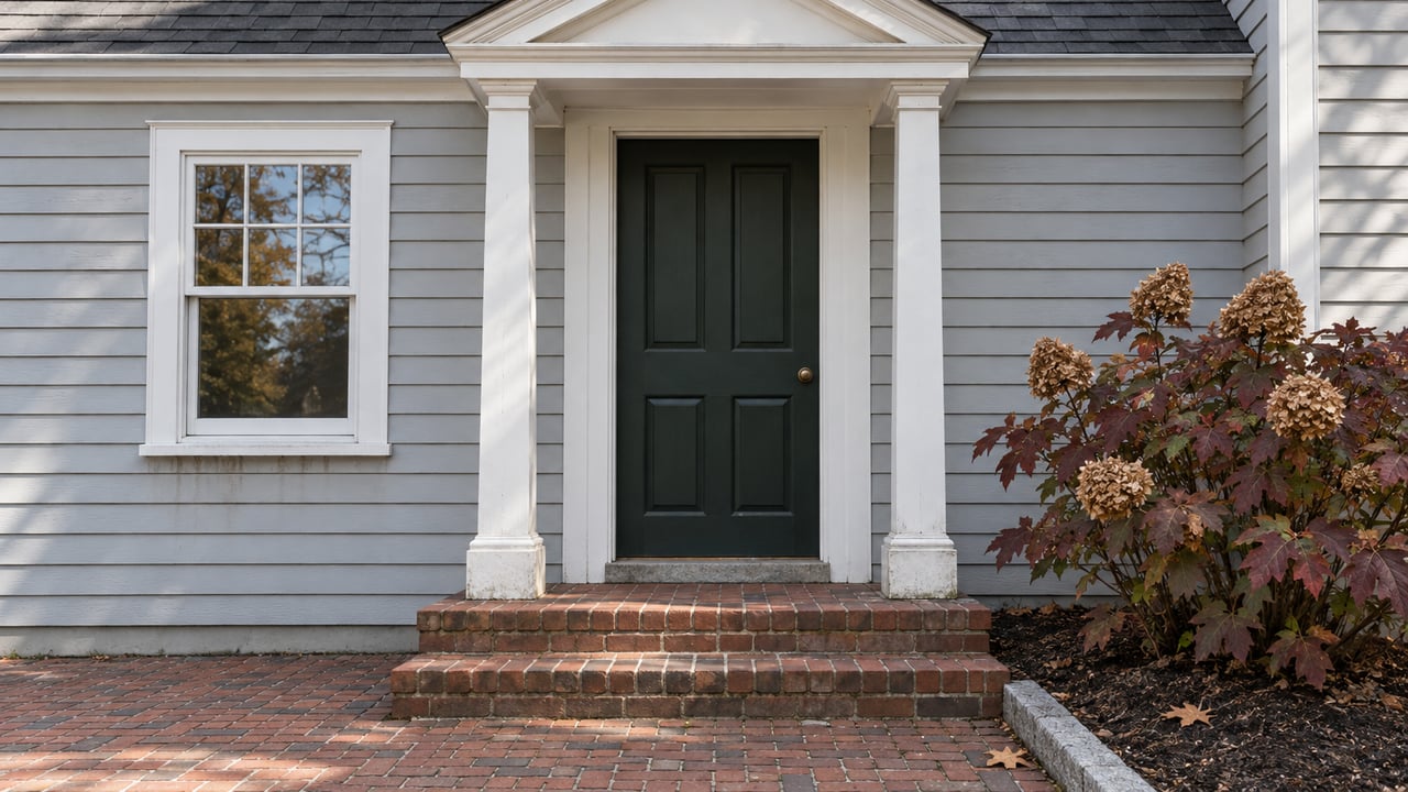 A green front door beneath a white pediment, with gray clapboard siding, weathered brick steps and burgundy oakleaf hydrangea.