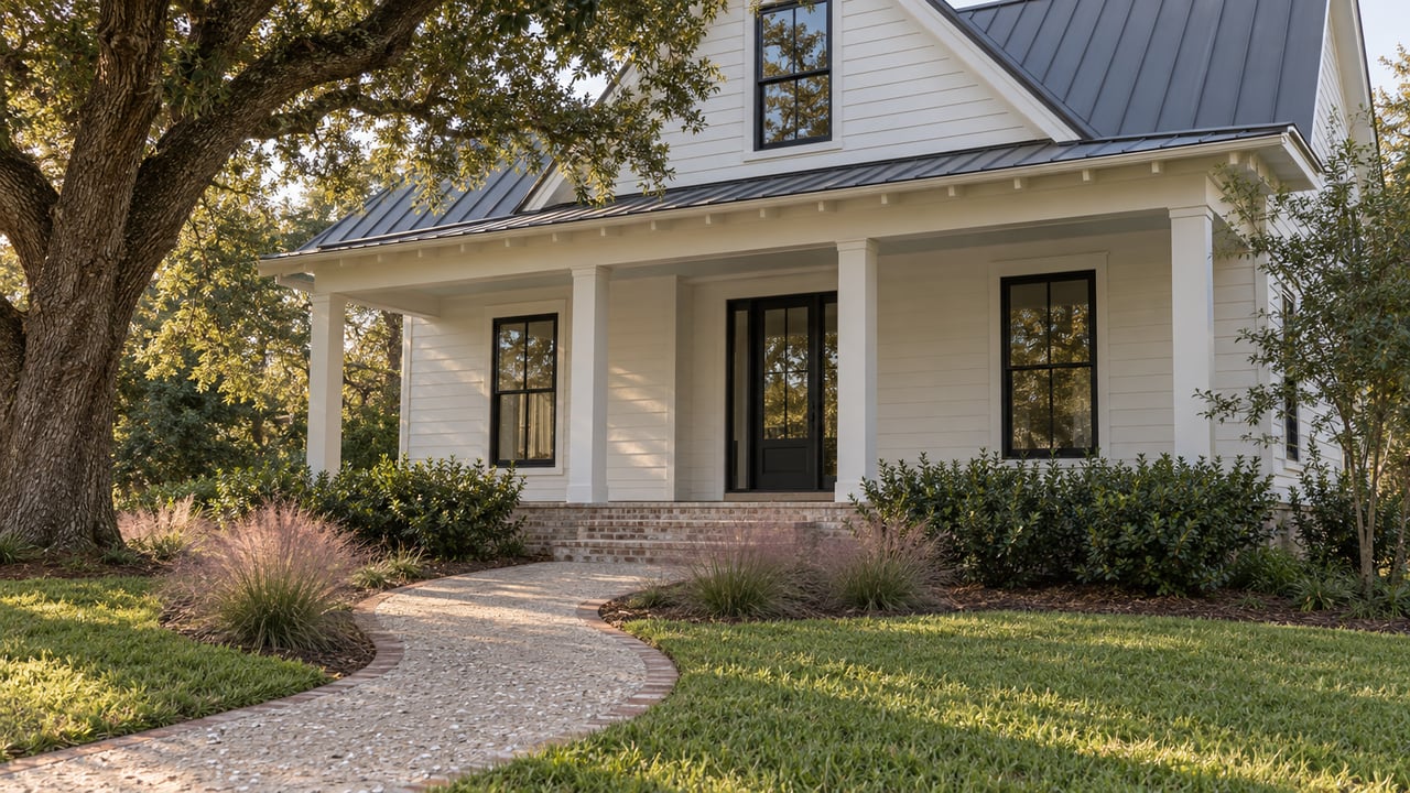 White clapboard house with a dark metal gable roof, recessed glazed door, and curved garden path beneath a live oak.