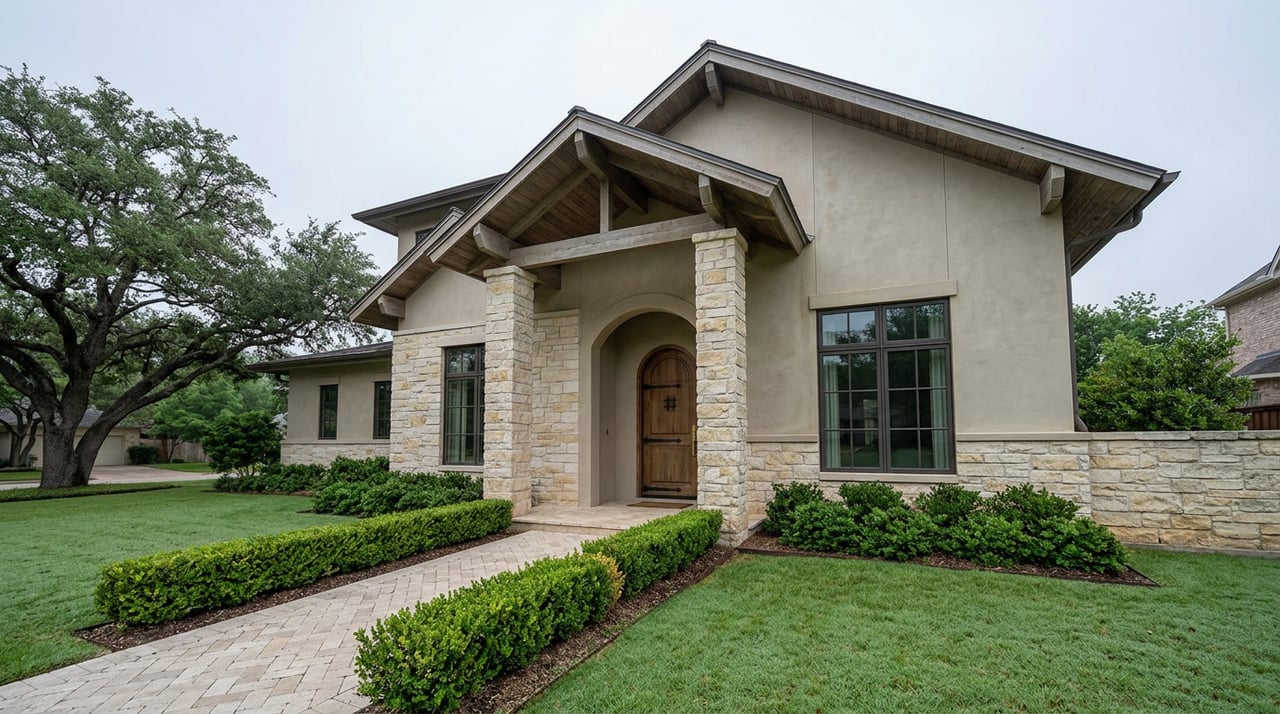 Two-story stone-and-stucco home with arched oak entry, stacked-stone columns, and a live oak beside the walkway.
