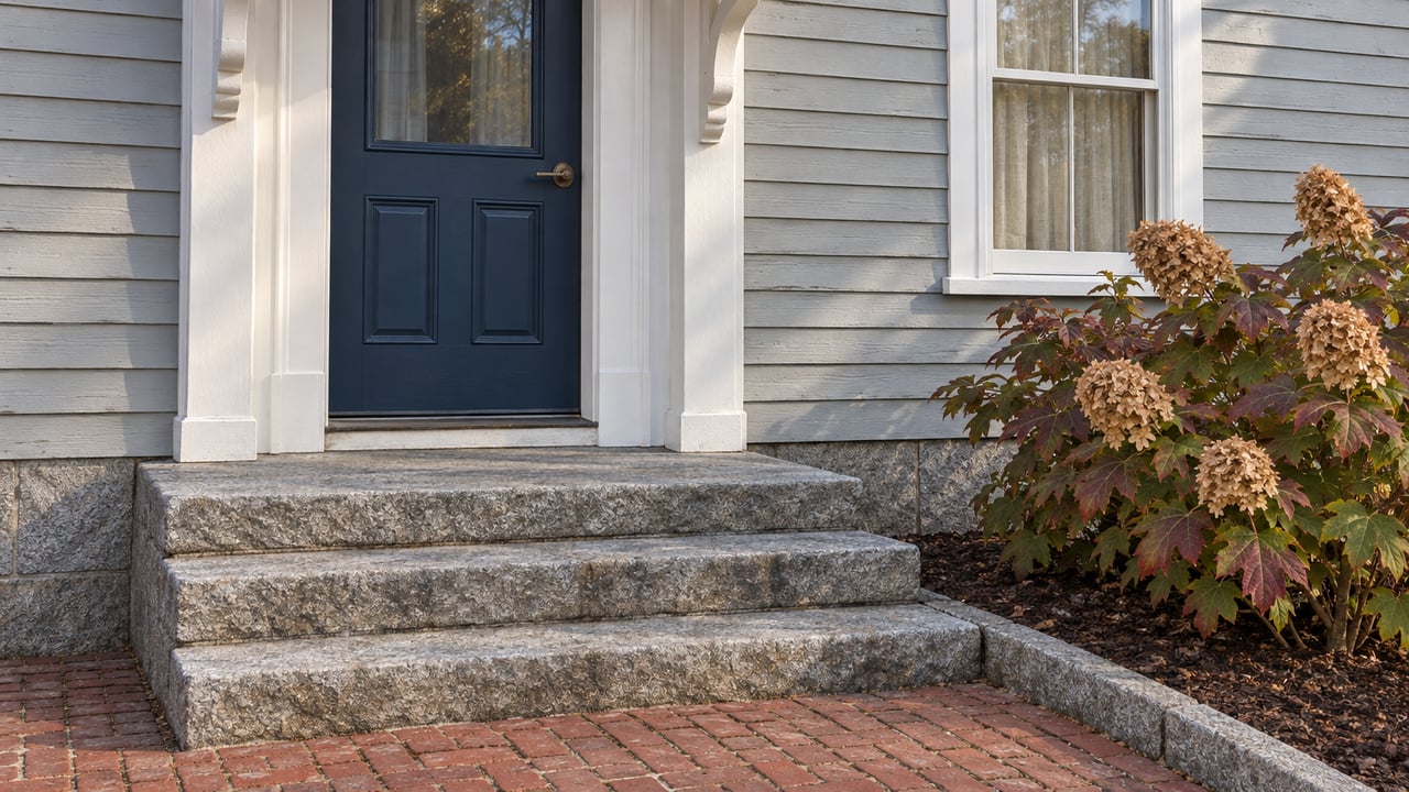 Blue timber door and white-trimmed window on a gray clapboard home, above worn granite steps and a brick walk beside an oakleaf hydrangea.