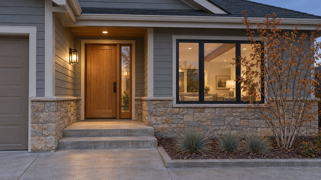 Evening light on a gray-sided home's sheltered oak front door, stone porch base, and warmly lit window beside autumn serviceberry.