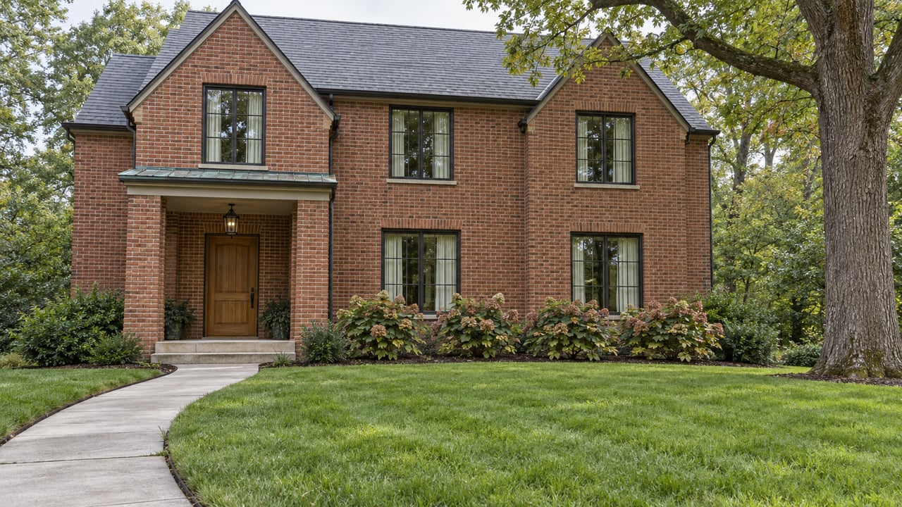 Brick home with a covered oak entry, deep front lawn, concrete walk, mature white oak, and oakleaf hydrangeas.