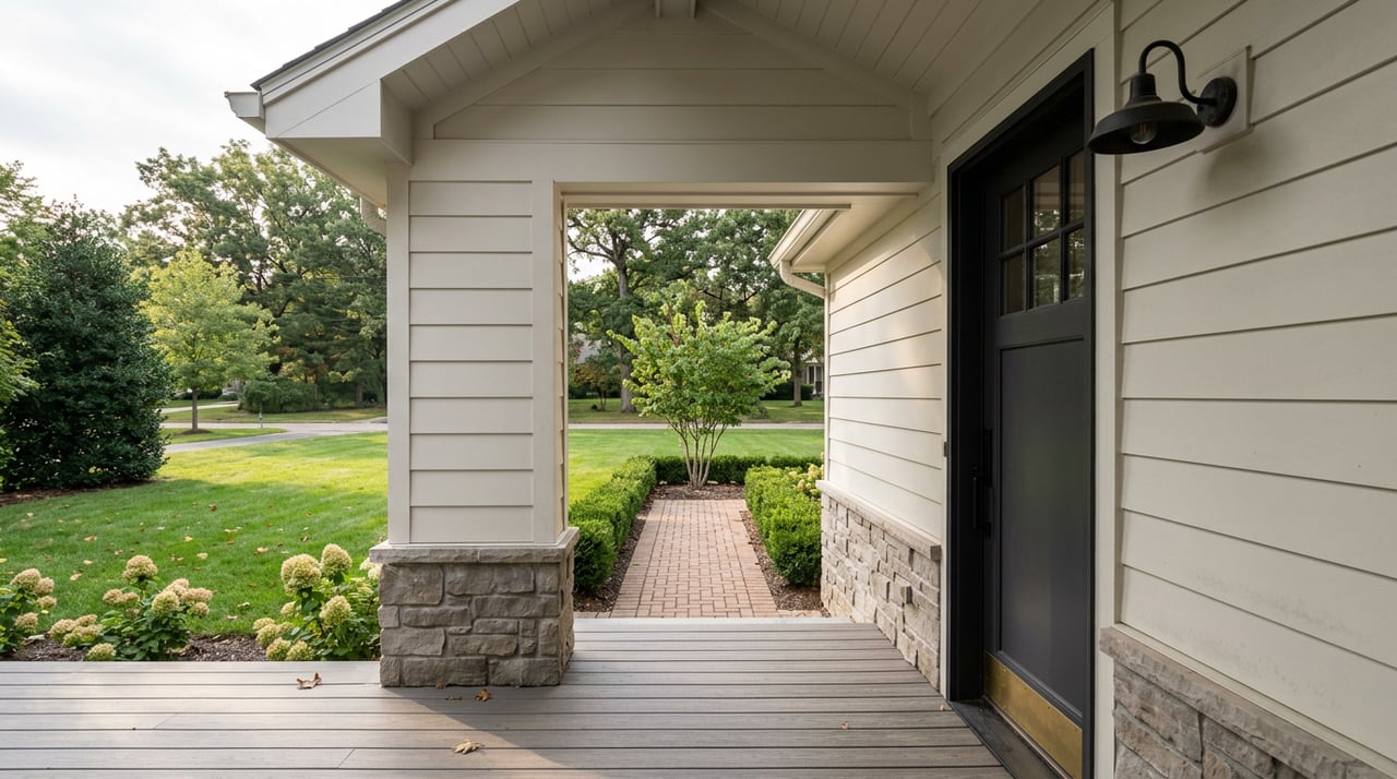 Open glass-paned door overlooks a porch, brick walkway, clipped hedges, and lawn beneath oak canopy.