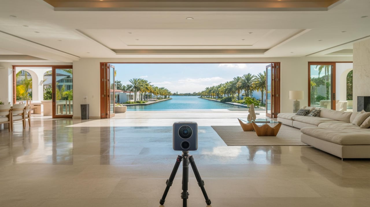 Tripod-mounted camera faces a palm-lined pool from an open, sunlit living room.