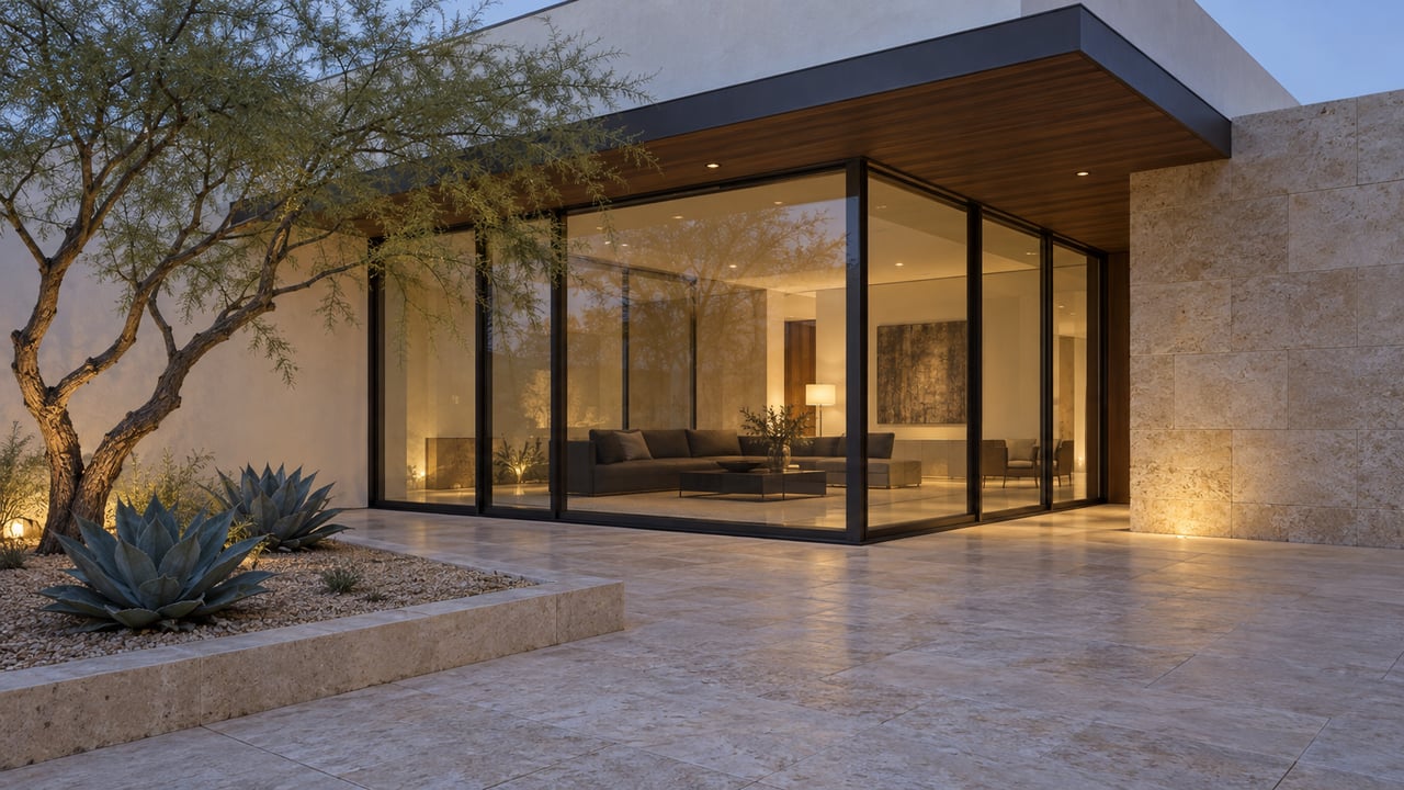 Modern house corner with bronze-framed glass, a warm-lit living room, limestone paving, and sculptural desert plants.