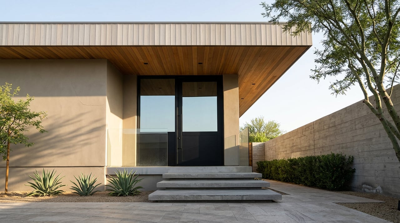 Floating limestone stairs lead to a recessed glass entry, beside a board-formed concrete wall and desert plantings.