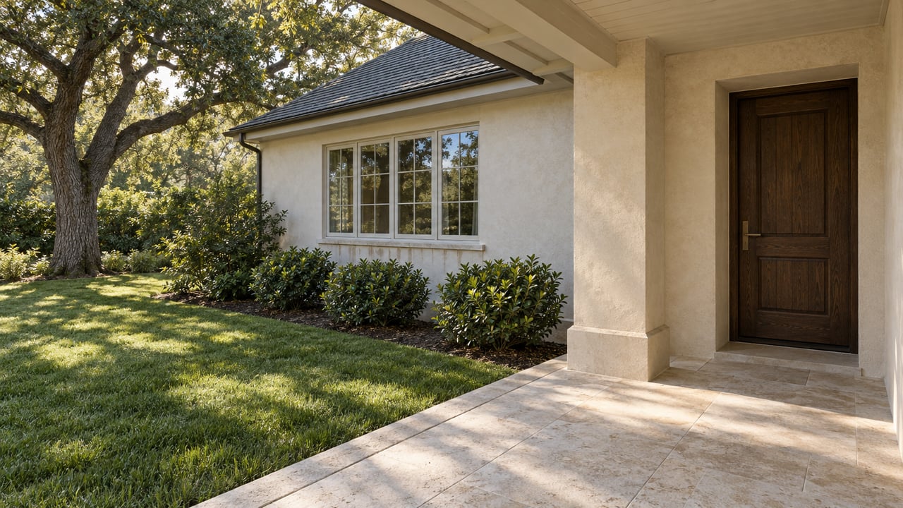 Covered limestone entry terrace beside a cream stucco home, overlooking a deep lawn and mature oak tree.