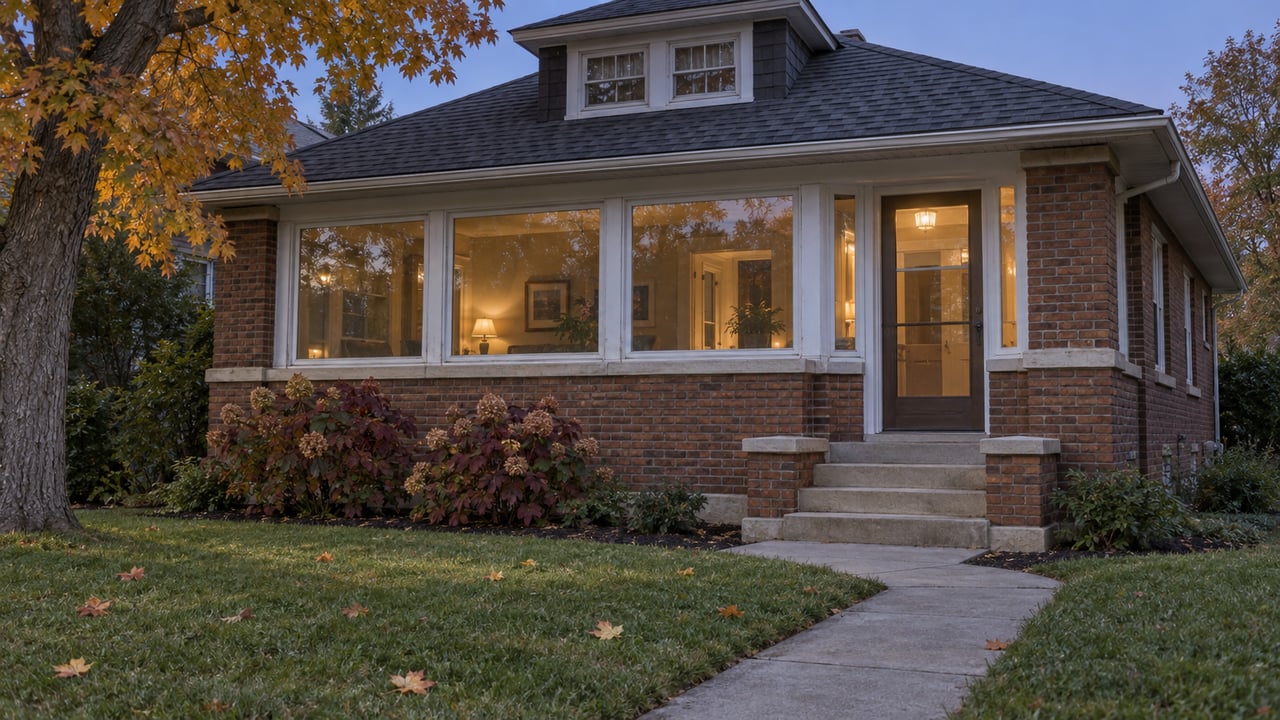 Brick bungalow with an enclosed glowing porch, a short front lawn, and autumn maple foliage at twilight.