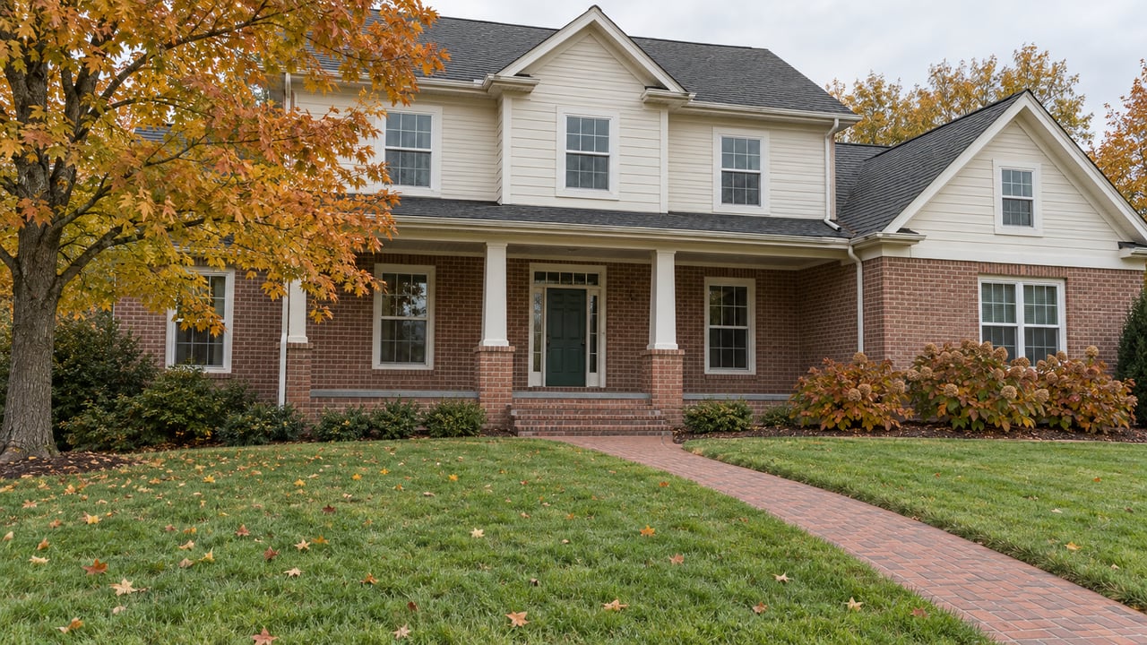 Brick-and-ivory-sided house with a covered front porch beyond a deep autumn lawn and an amber sugar maple.