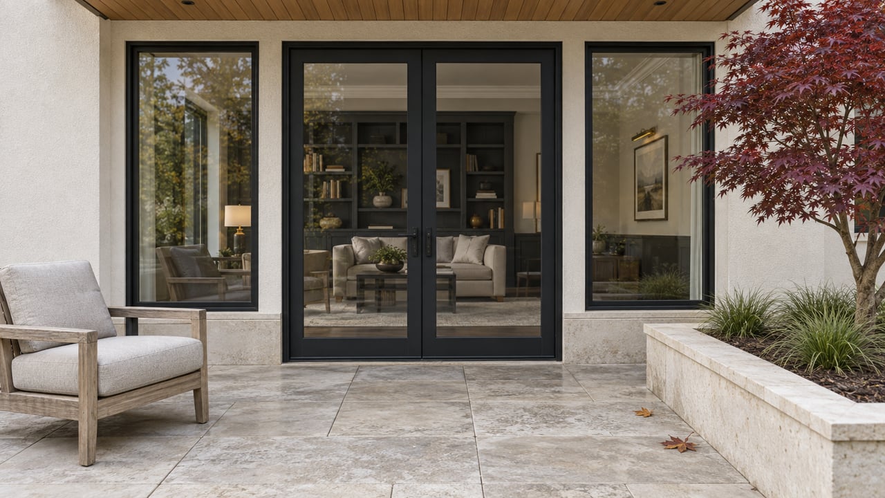 Covered limestone terrace with a teak chair, black-framed glass doors, ivory stucco and a burgundy Japanese maple in a raised stone planter.