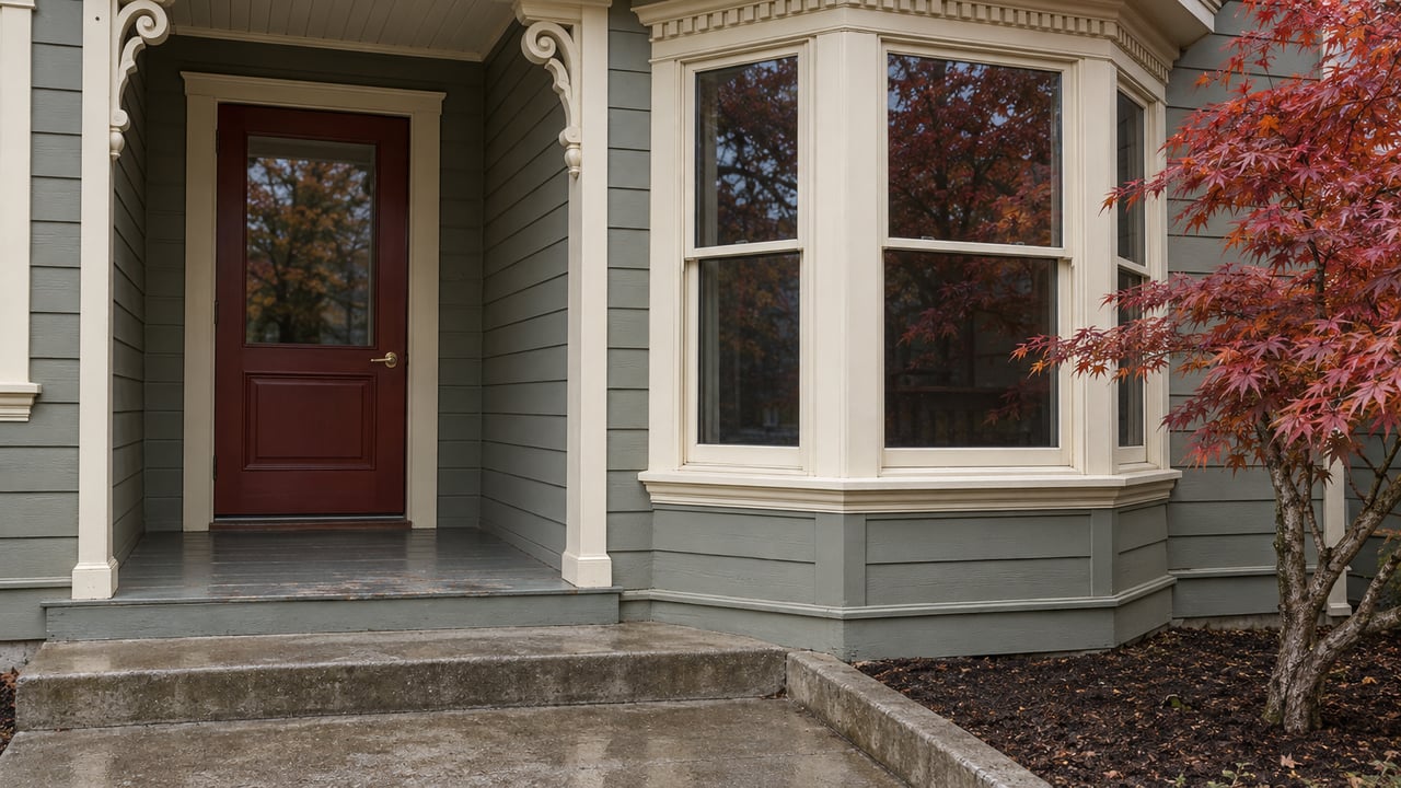 Gray-green timber house with an ivory-trimmed bay window, recessed red door, weathered entry steps and a copper-leaved maple.
