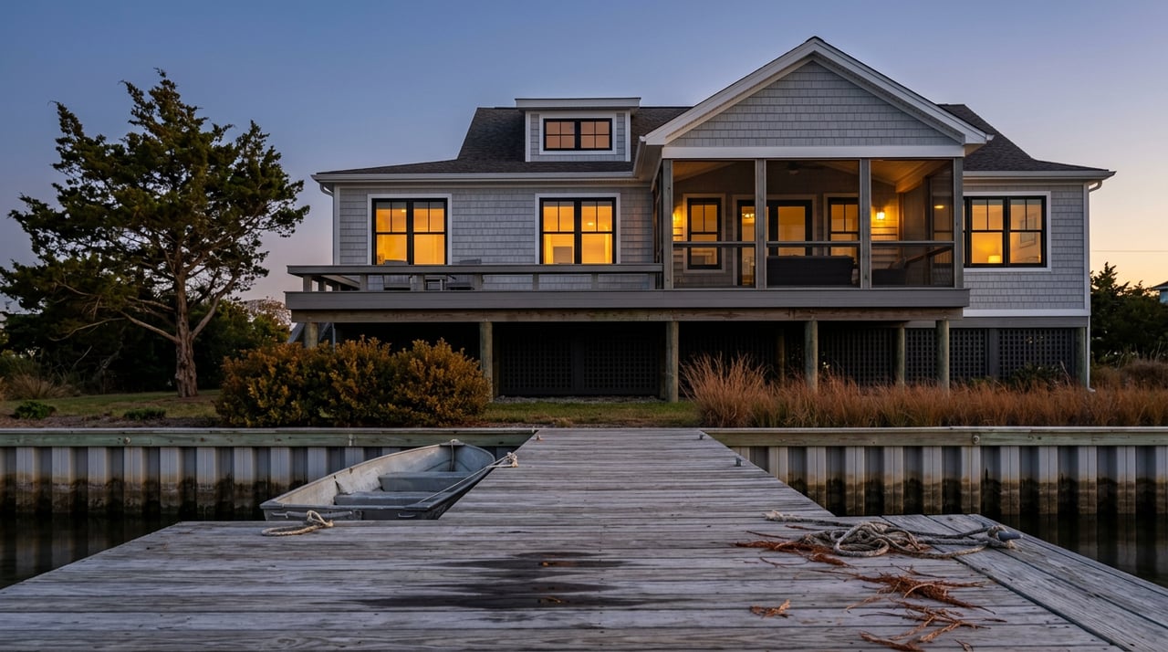Raised waterfront home glowing with amber window light above a dock, with a small boat tied nearby.