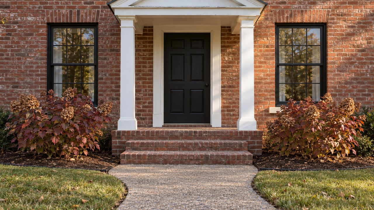 Red-brick home entry with a white pediment and paired columns, black door, worn brick steps and autumn oakleaf hydrangeas beside a curved concrete walk.
