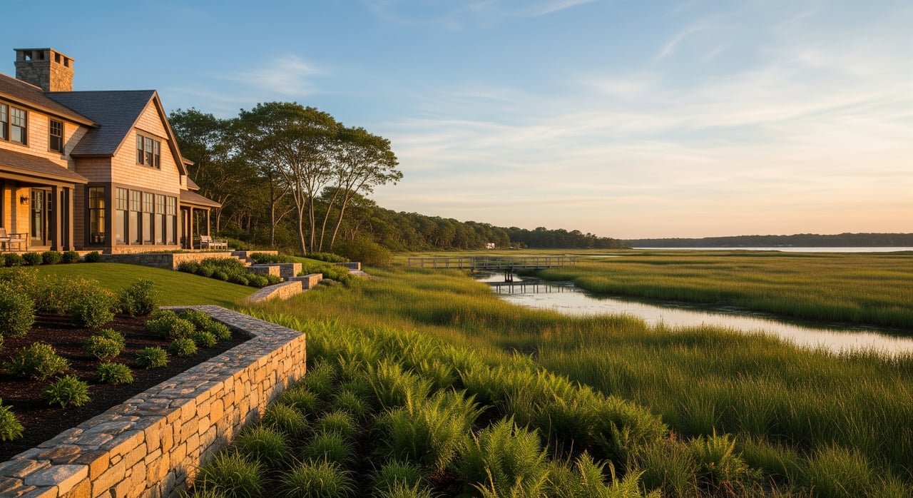 Shingled waterfront house beside a stone garden wall and broad marsh, with a calm inlet beyond.