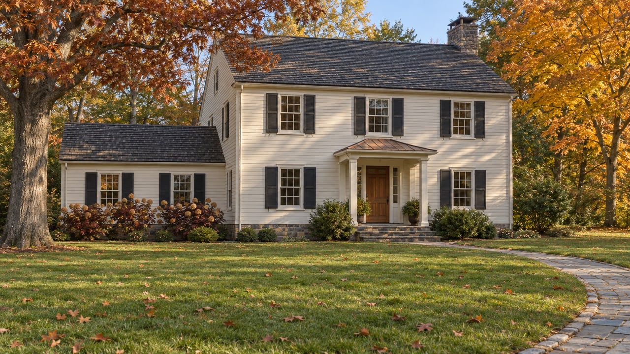 Ivory clapboard home with a stone foundation, broad autumn lawn, and mature oak and sugar maple trees.
