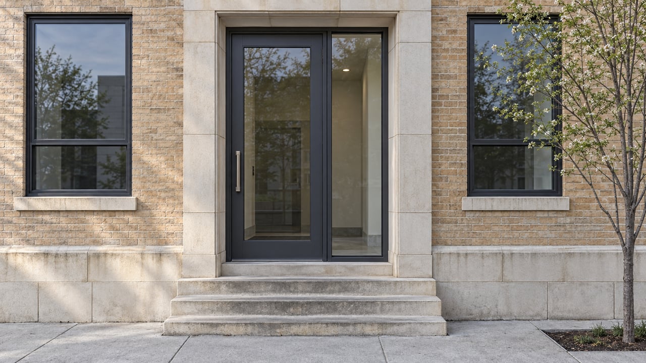 Buff brick apartment facade with a limestone-framed glass entrance, shallow stone steps, and a small tree.