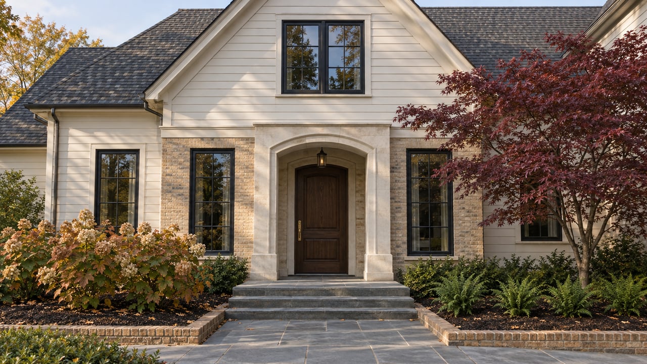 Ivory-sided and buff-brick home with a gabled roof, arched stone entry, bluestone steps and burgundy Japanese maple.
