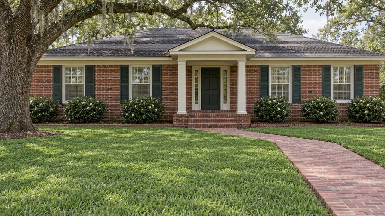 Single-story red-brick home with a hipped roof, shuttered windows and a central porch beyond a deep lawn and brick walk beneath a mature live oak.