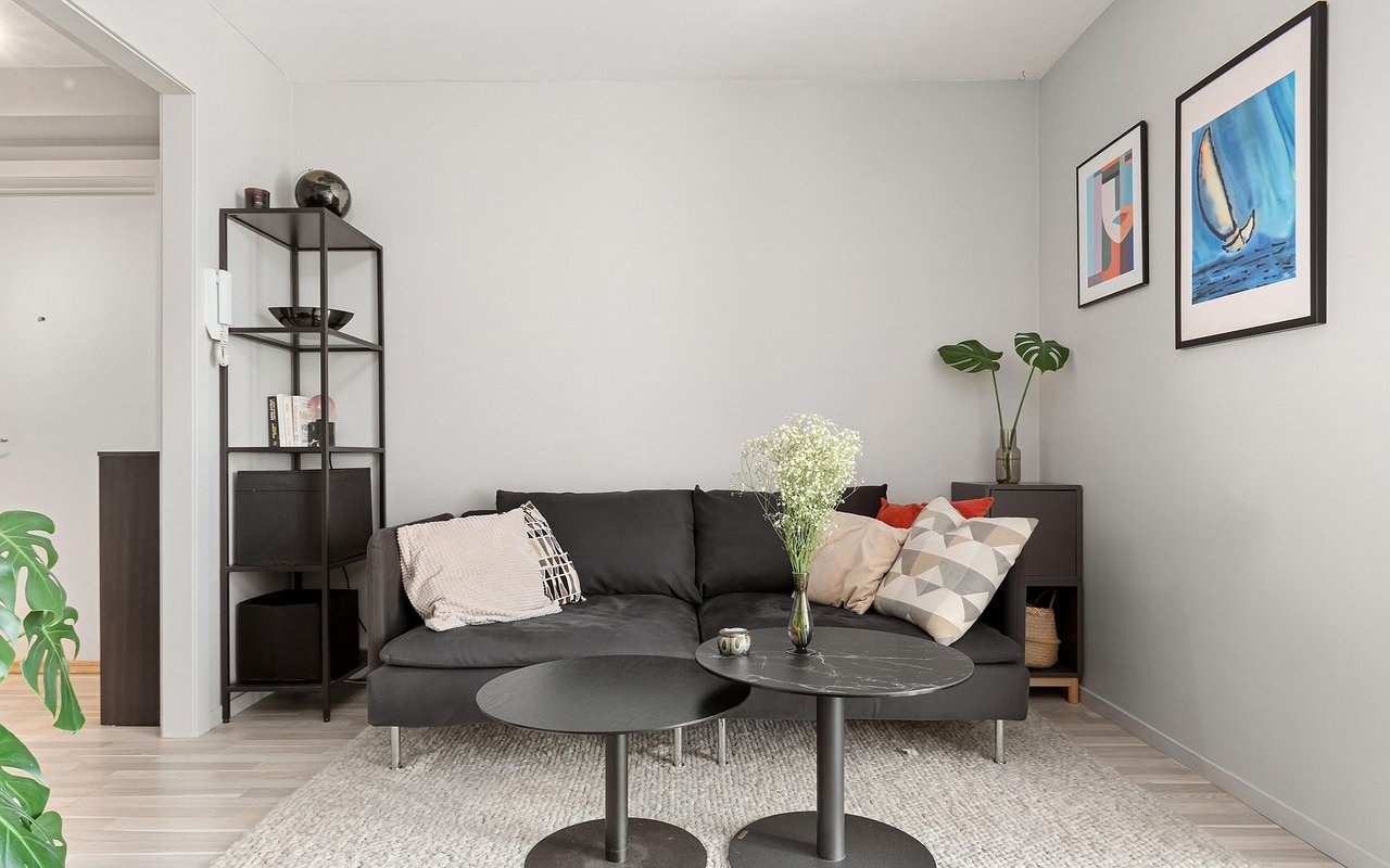 Living room with a charcoal sofa, round coffee tables, light rug, and framed artwork.