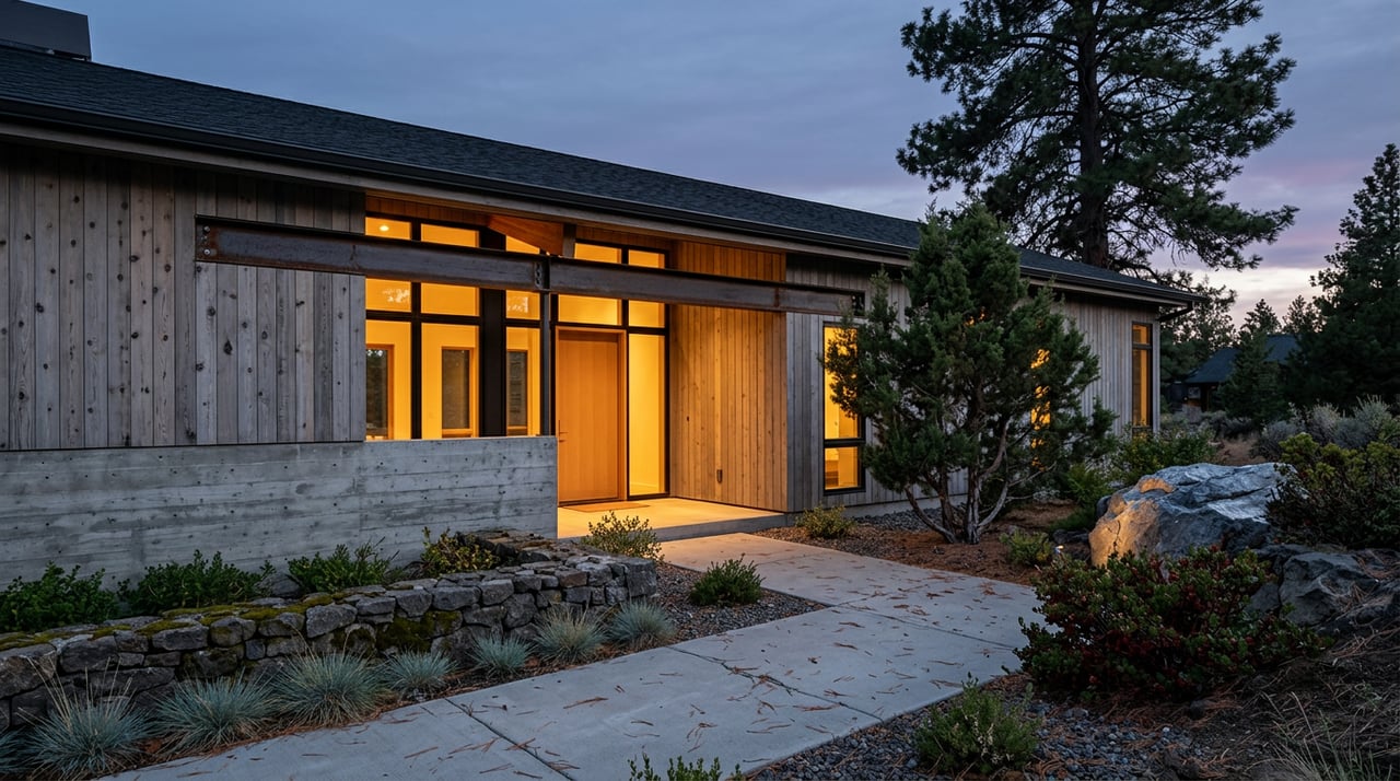 Mountain-modern home with warm glowing windows, cedar siding, and a gravel path through native plants beneath a pine.