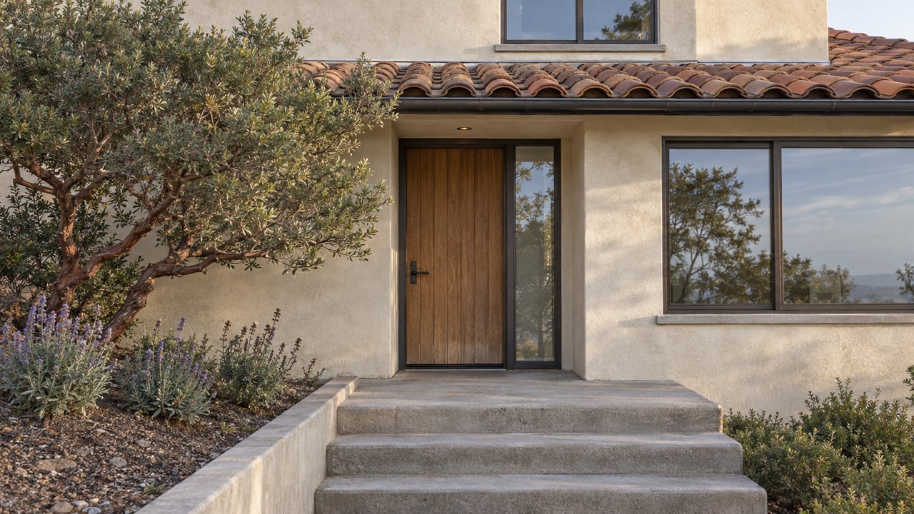 Weathered clay roof tiles and ivory stucco above an oak entry door, with concrete steps and a sculptural red-barked shrub.