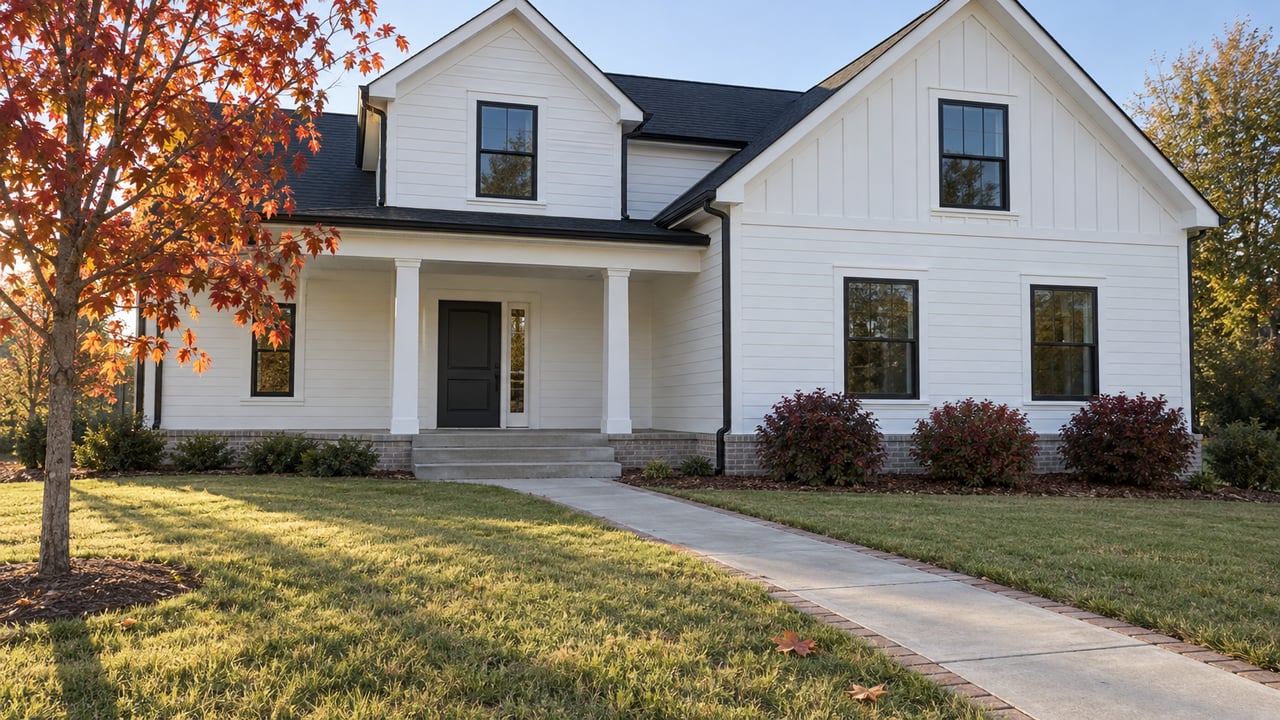 White gabled home with black-framed windows, a shaded front porch, a deep lawn and a concrete walk beside autumn planting.