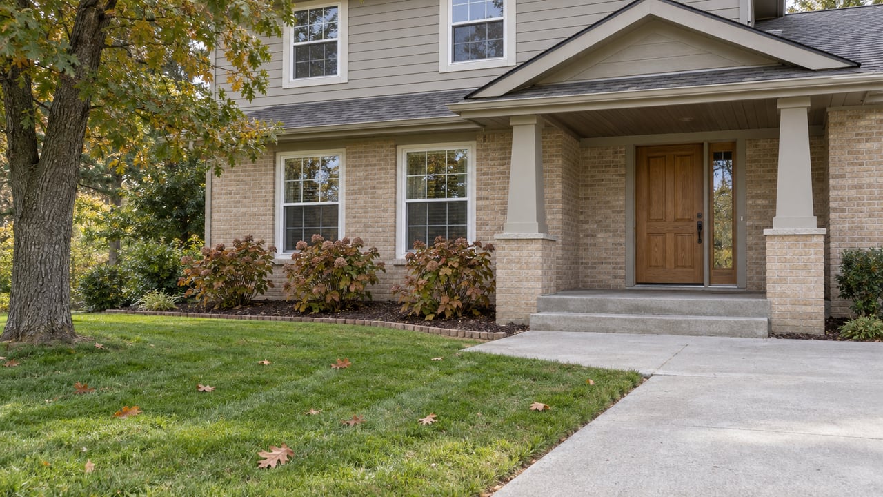 Buff-brick and gray-sided detached home with a covered oak entry, broad autumn lawn and a mature bur oak.