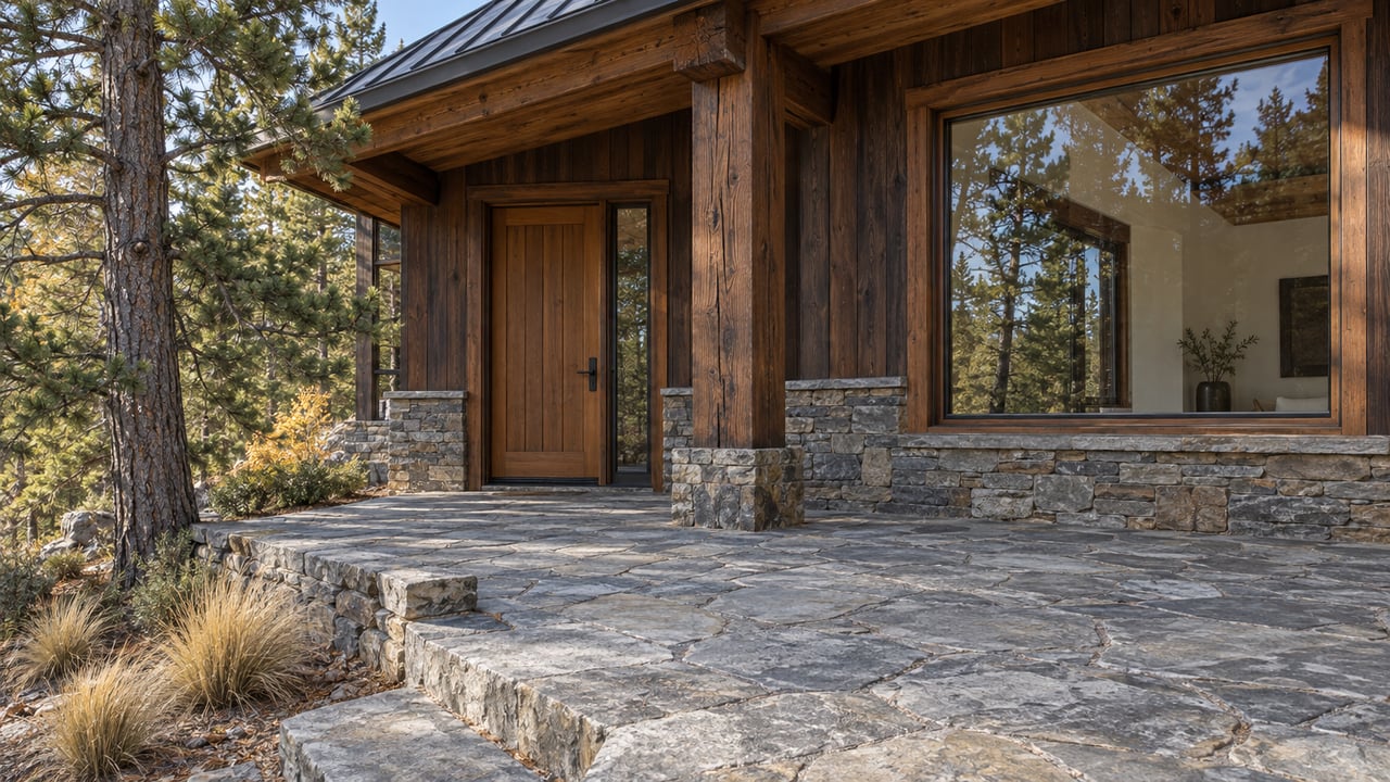 Autumn light on a timber-and-stone home's sheltered entry and weathered stone arrival terrace.