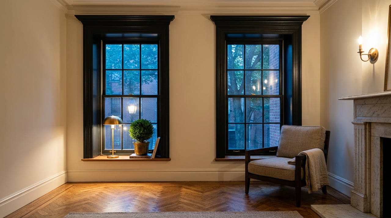 Rowhouse parlor with tall sash windows, a marble mantel, brass lamp, linen chair, and boxwood topiary.