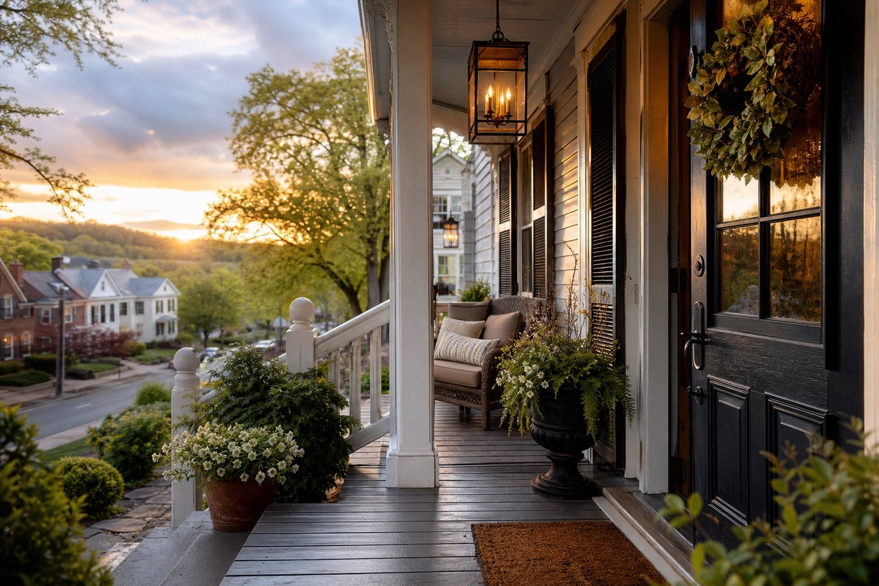 Front porch with cushioned seating and potted plants overlooking a leafy neighborhood at sunset.