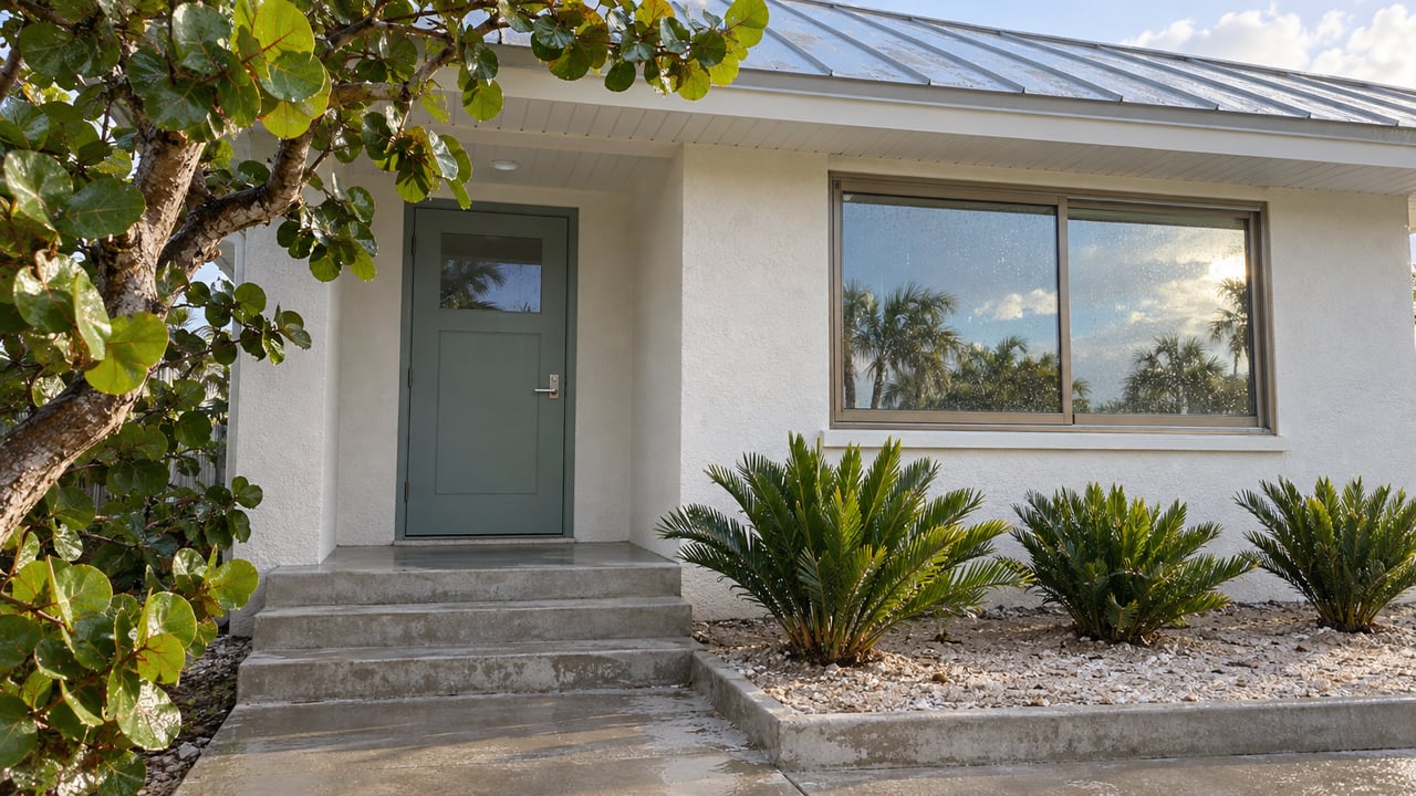 A renovated stucco home's sheltered green door, bronze-framed window and concrete steps beside sea grape and coontie planting after rain.