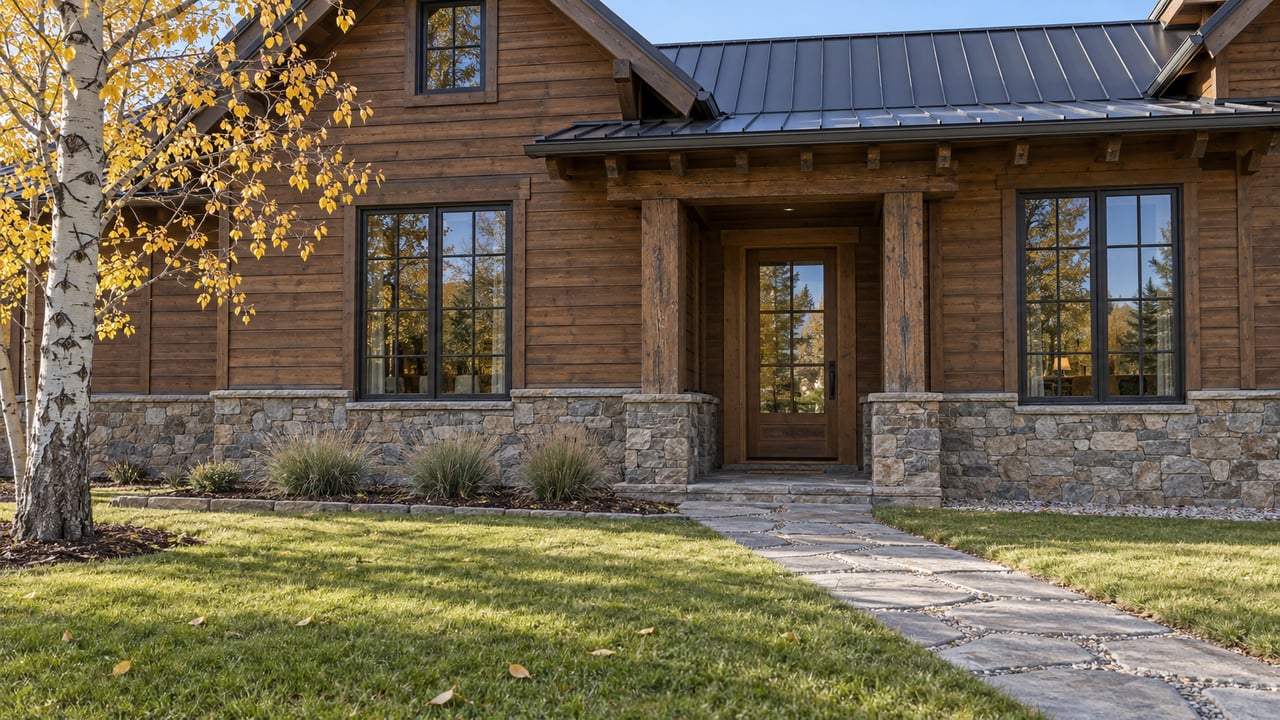 Autumn lawn and stone approach leading to a timber-and-stone home with tall dark-framed windows and a yellow-leaved aspen.