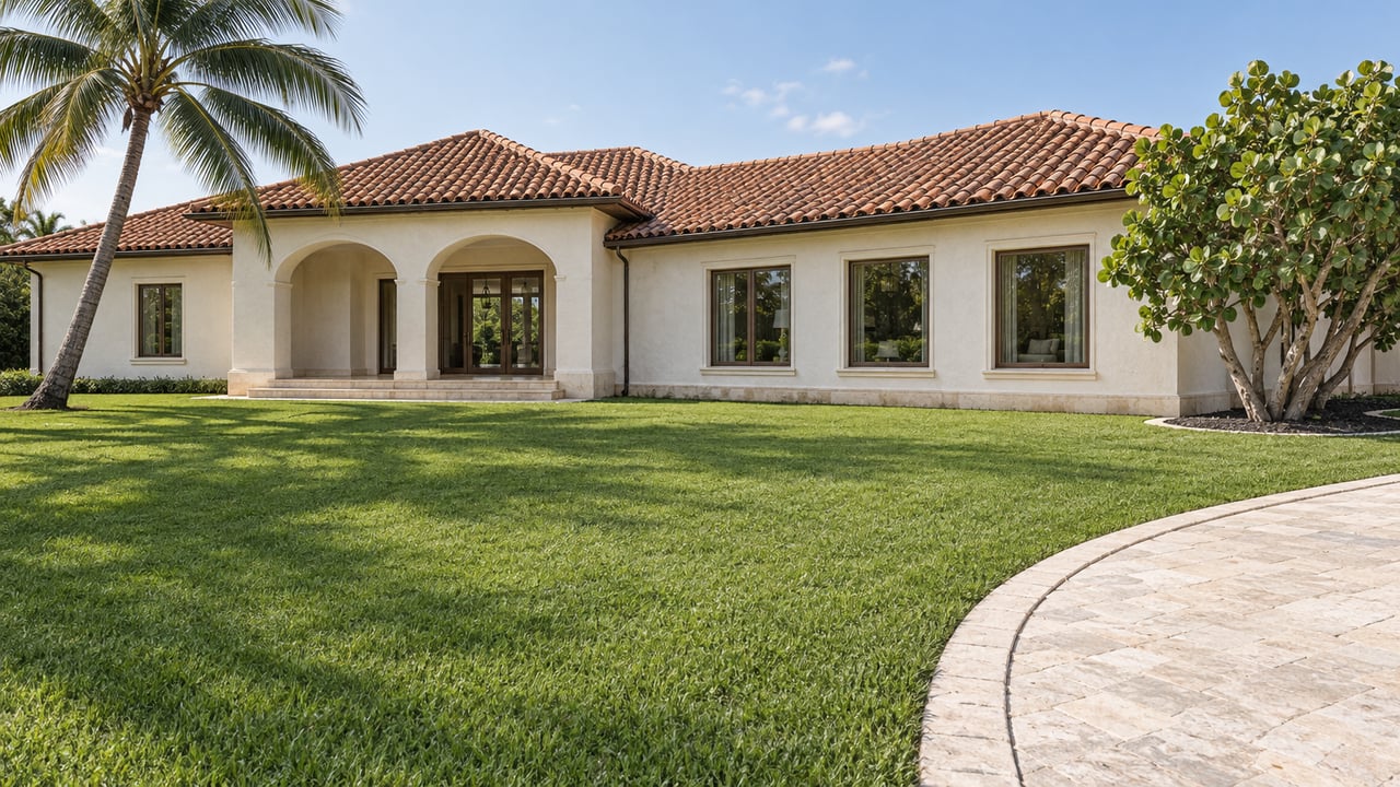 An established white stucco estate with a terracotta roof, recessed arched entry and broad sunlit lawn framed by a curved coconut palm and sculptural sea grape.