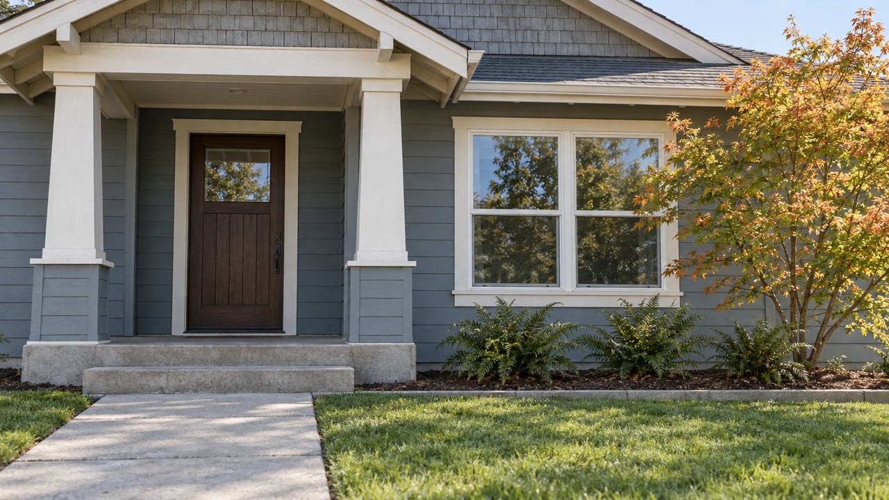 Blue-gray wood-sided home with a covered timber-post entry, white-trimmed paired window, concrete walk and a vine maple turning amber.