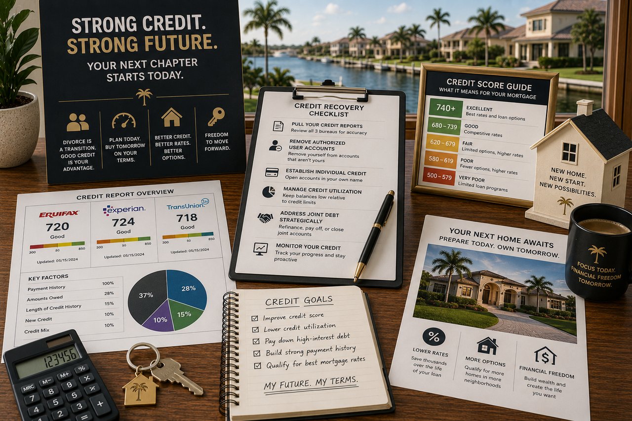Professional workspace illustrating credit rebuilding after divorce in Florida, featuring credit reports, financial planning, mortgage preparation, and homeownership goals for buyers preparing to purchase a home in Southwest Florida.