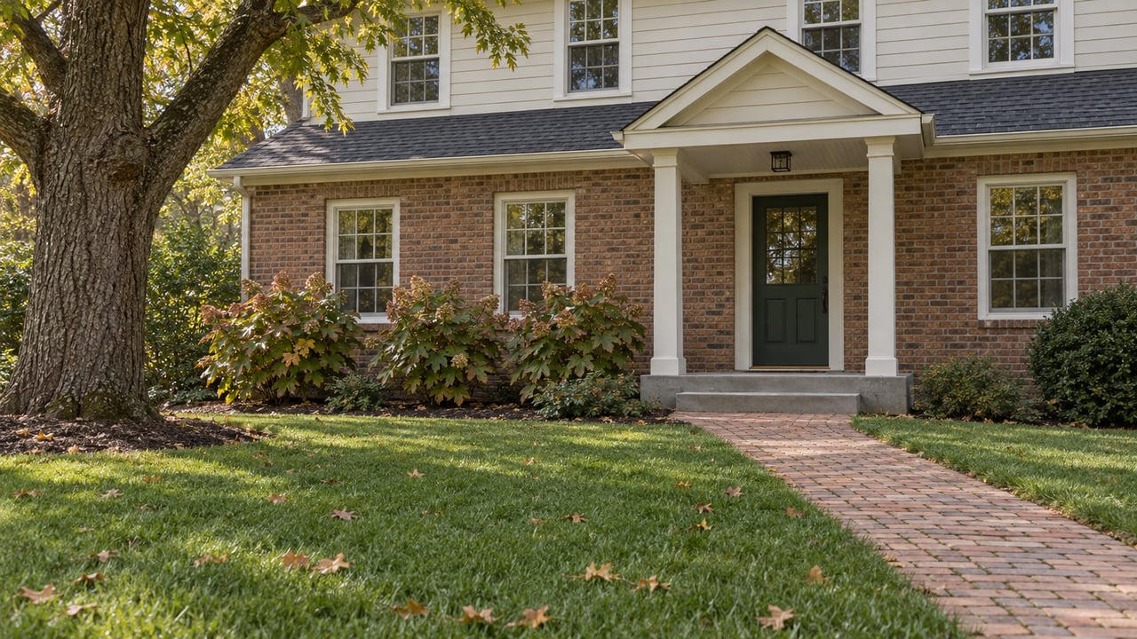 An established two-story brick and cream-sided home beyond a deep lawn, with a brick walkway, covered entry, mature oak and autumn hydrangeas.