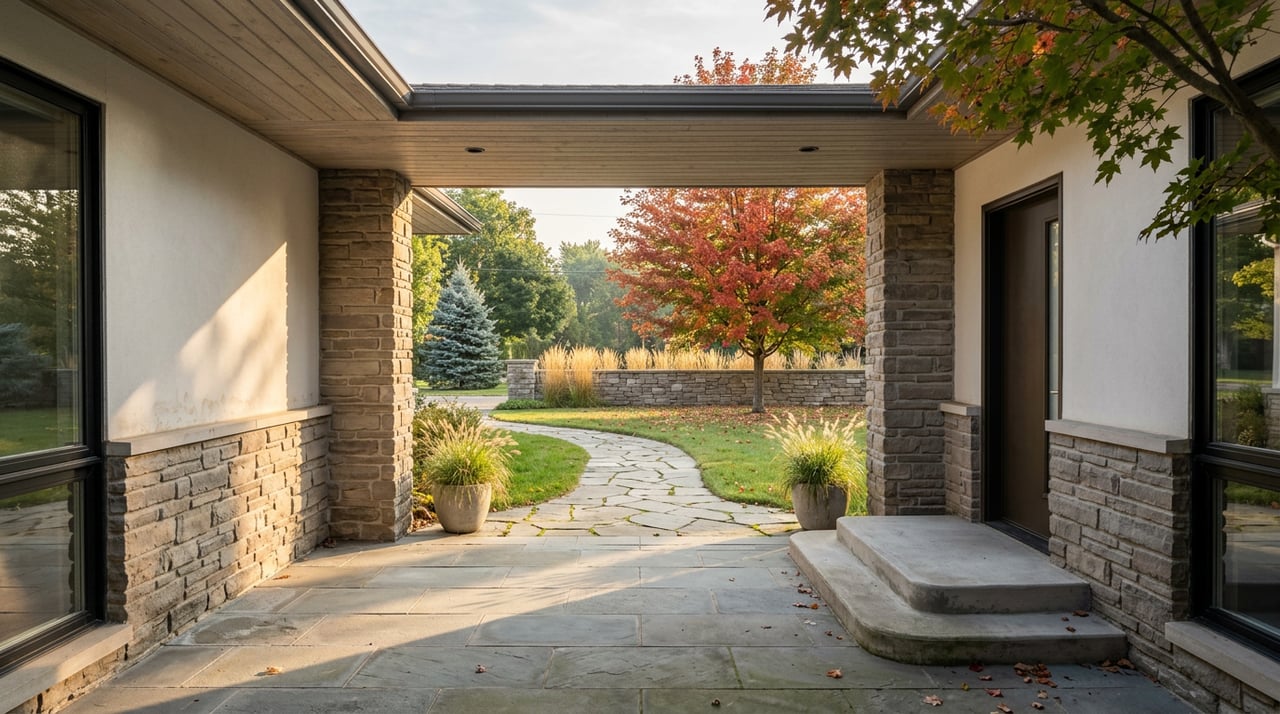 Stone porch frames a flagstone path across lawn toward a red-orange maple.