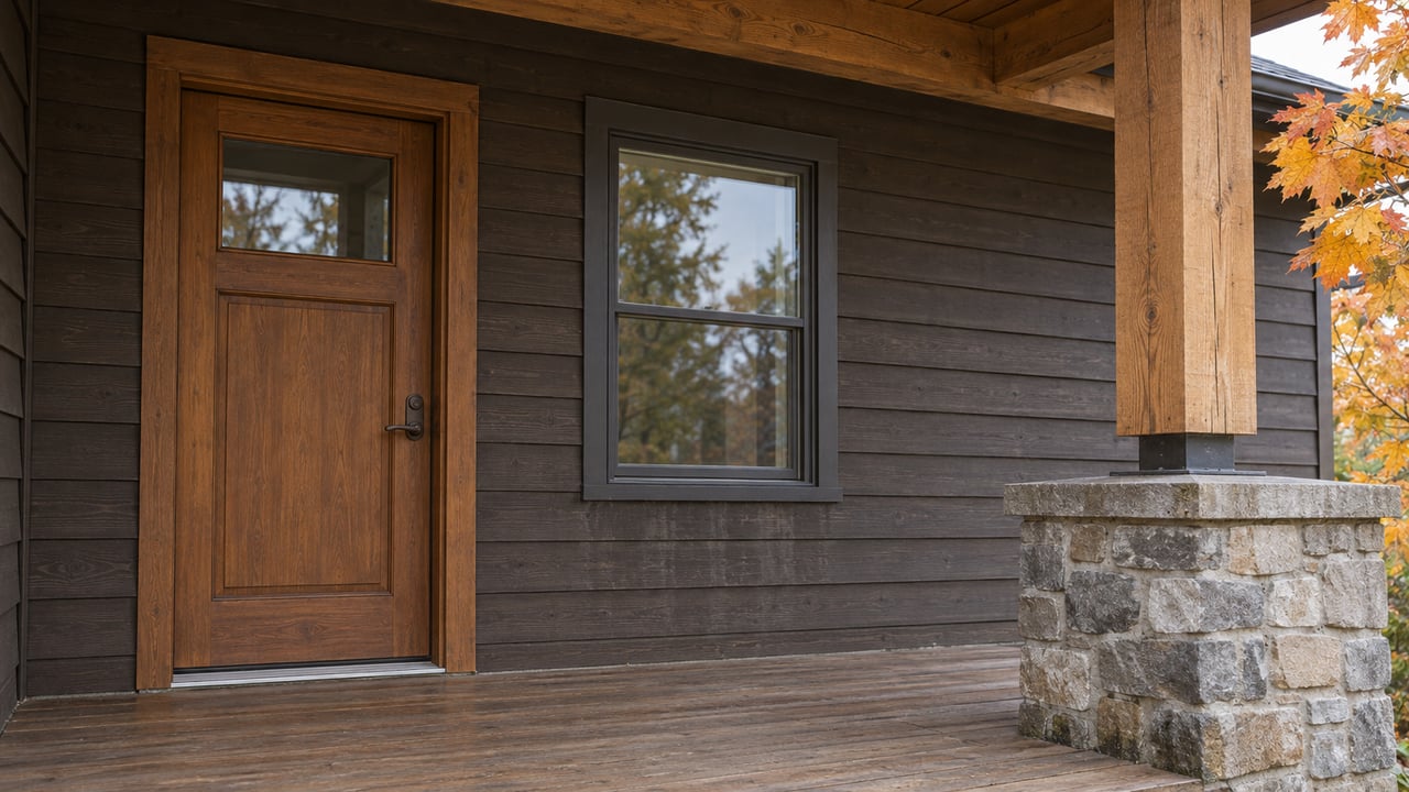 Weathered wood front door and siding beneath a timber porch roof, beside a sandstone pier and amber sugar maple leaves.