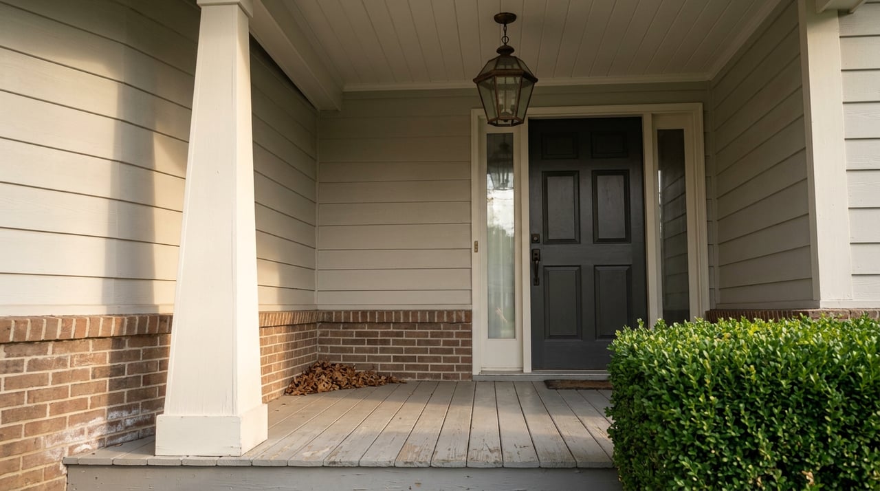 Covered porch with a charcoal front door, white column, bronze pendant lantern, and clipped boxwood hedge.
