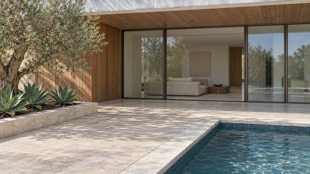 A shaded contemporary home terrace with limestone paving, bronze-framed glass doors, an olive tree and the corner of a pool.