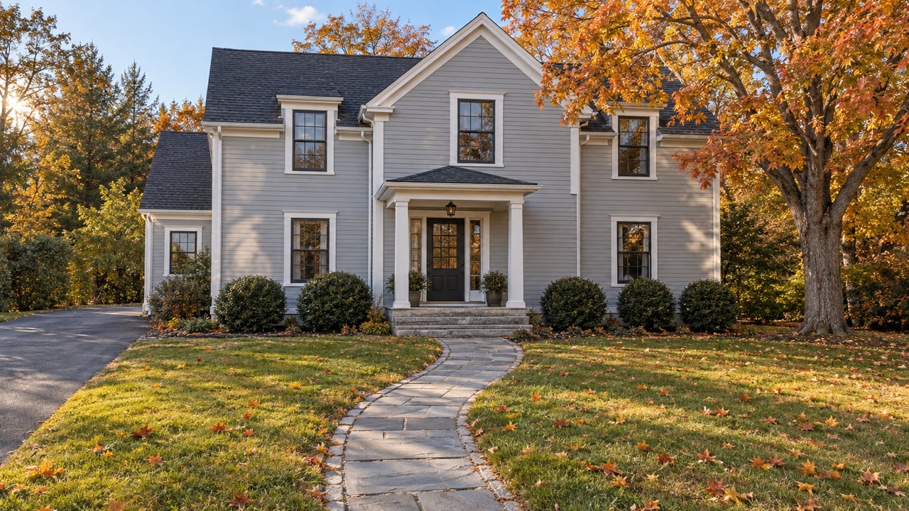 Gray clapboard home behind a deep autumn lawn, with a bluestone approach and an amber sugar maple.