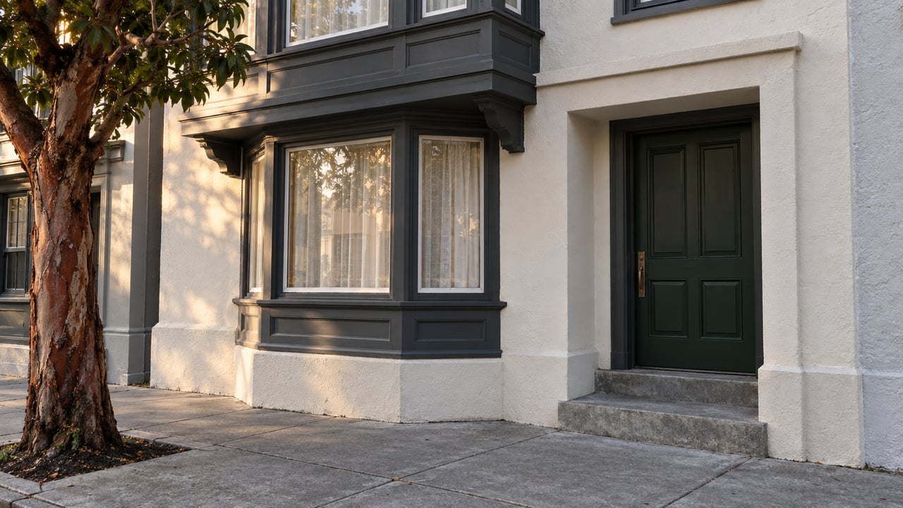 Attached townhouse with a recessed green door, stone steps, projecting bay window, and sidewalk tree.