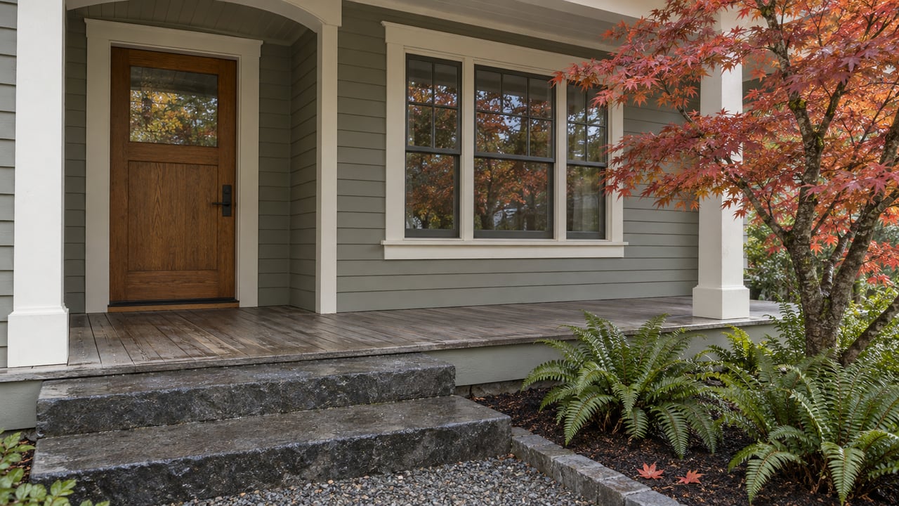 Oak front door and divided-light window on a grey-green timber porch, with basalt steps and a mature autumn maple beside sword ferns.