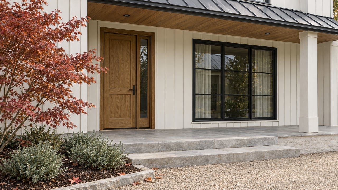 Warm-white board-and-batten home with an oak front door, black-framed window, limestone porch steps, and copper-red Japanese maple leaves.