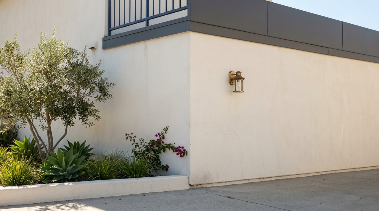 Stucco building corner with brass sconce, navy second-floor guardrail, and olive tree in planter.
